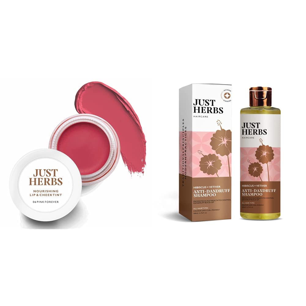 Just Herbs Ayurvedic, Natural Lip & Cheek Tint, Blush For Women- SLS, Chemical & Paraben Free - 06 Pink Forever(Creamy Matte) & Dandruff Control Ayurvedic Soya Protein Shampoo