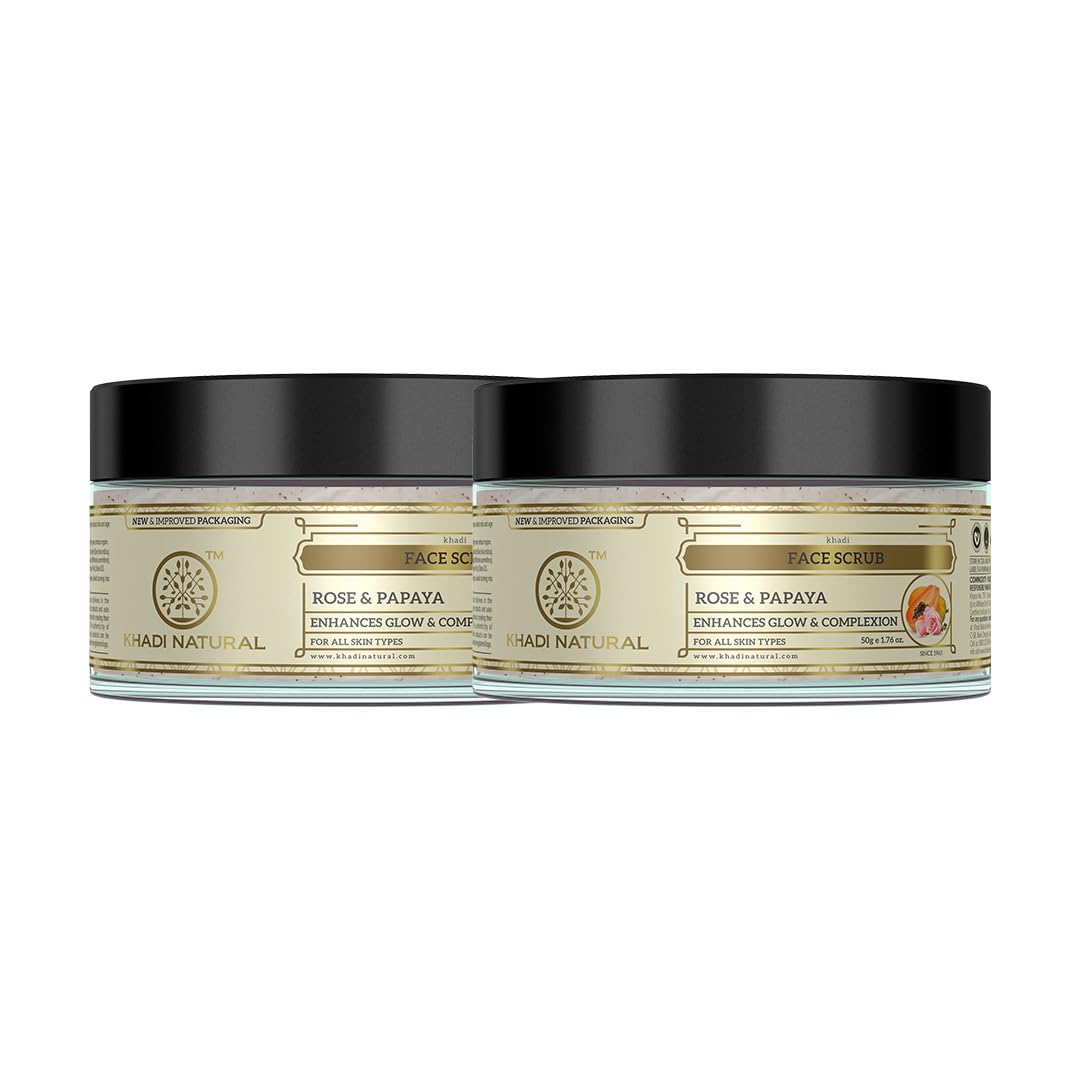 Khadi Natural Rose & Papaya Face Scrub | Softens & Nourishes for Supple Skin| Removes Blackheads| Exfoliates Dead Skin Cells| Suitable for All Skin Types| Pack of 2(50 * 2, 100 g)