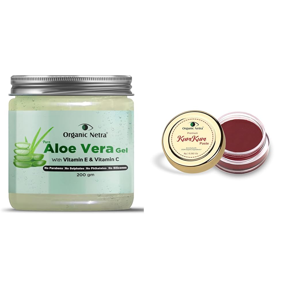 Organic Netra Pure Aloe Vera Gel- 200 Gm and Organic Netra Sindoor/Kumkum Paste | Waterproof Long lasting, Smudge Proof Sindoor | 8gm