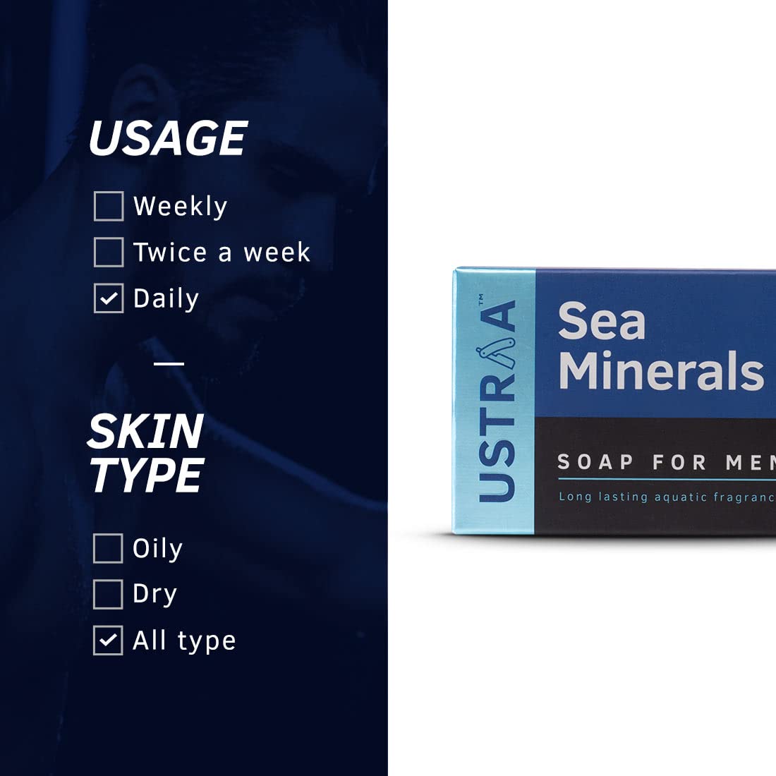 Ustraa Deo Soap For Men With Sea Minerals - 100 gm - Pack of 8 | Fresh Aquatic Fragrance | Deodorizing Soap With Sea Minerals | Rich & Intense Foam | For all skin types