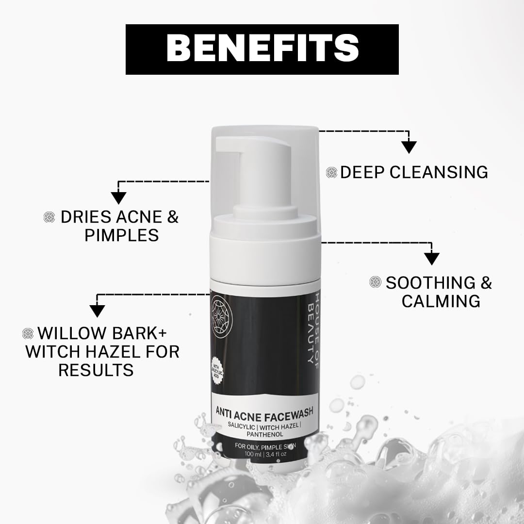 House of Beauty Anti Acne Foam Face Wash | Reduces Oil on Face, Deep Cleanses Pores, Reduces White Heads & Black Heads (100ml, Pack of 1)