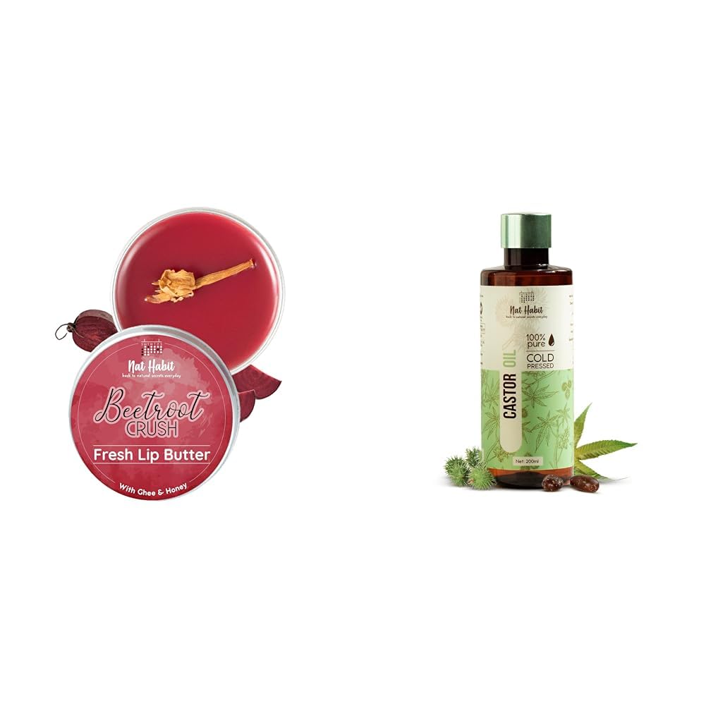 Nat Habit Lip Balm Fresh Beetroot Crush 10gm Lip Butter For Natural Pink Lips and Nat Habit Cold Pressed 100% Pure Castor (Arandi) Oil for Skin & Hair - 200ml
