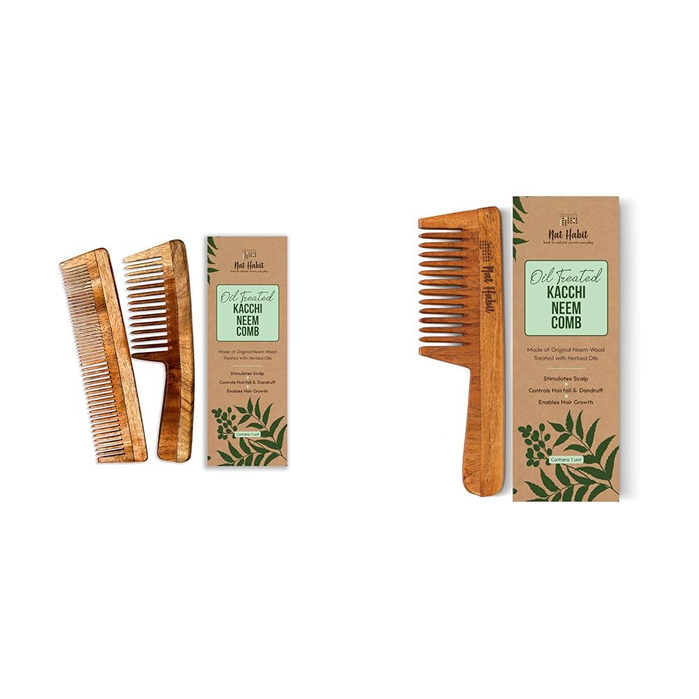 Nat Habit - Kacchi Neem Wooden Comb - Soaked In 17 Herbs Neem & Sesame Oil For Multi-Actions - Deta,Nat Habit Kacchi Neem Wooden Comb - Soaked In 17 Herbs, Neem & Sesame Oil For Multi-Actions - Detan