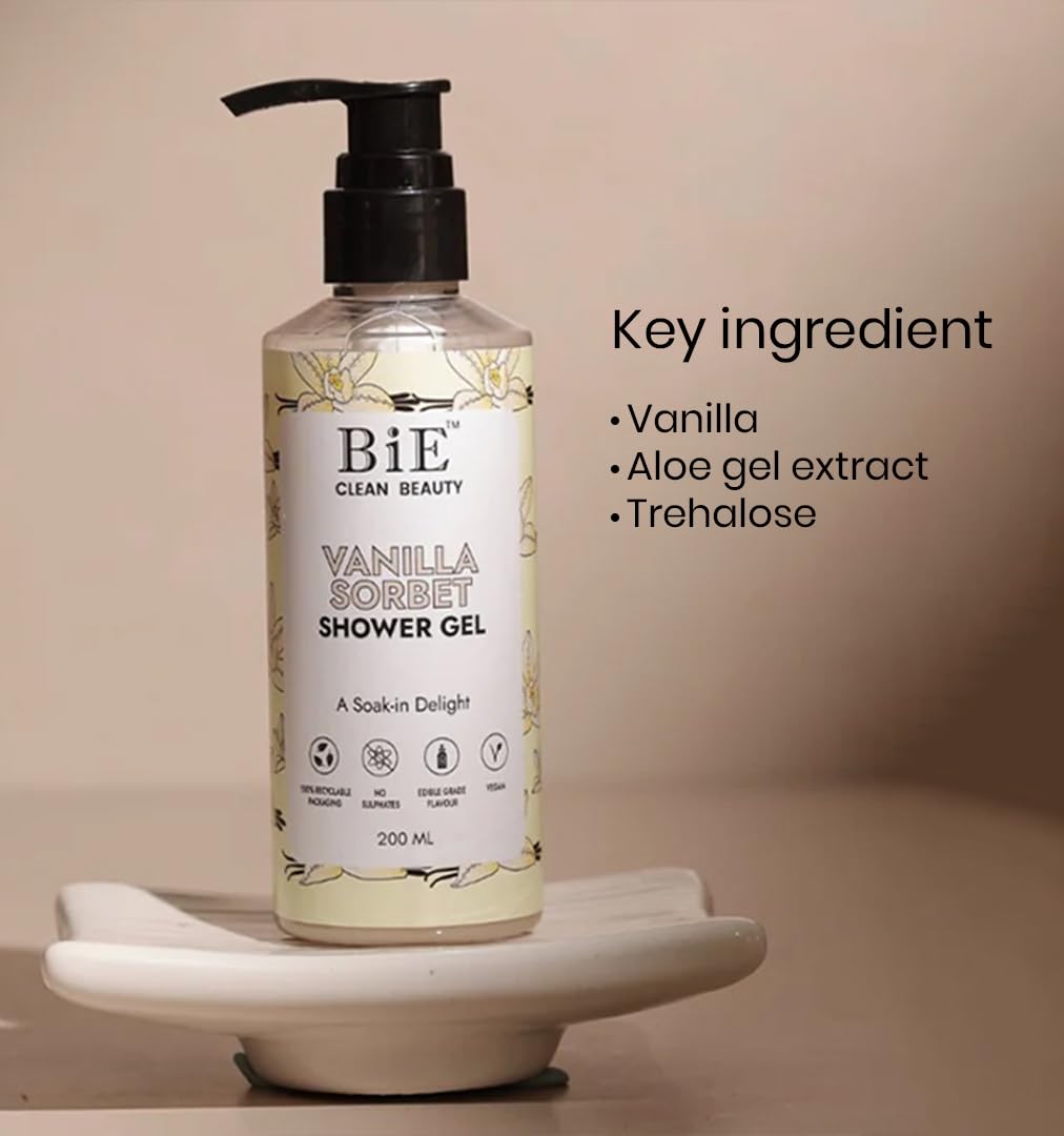 BiE - Vanilla Sorbet Shower Gel | Infused with Aloe Vera, Trehalose & Vanilla Extracts | Hydrating & Refreshing Body Cleanser | 200ml