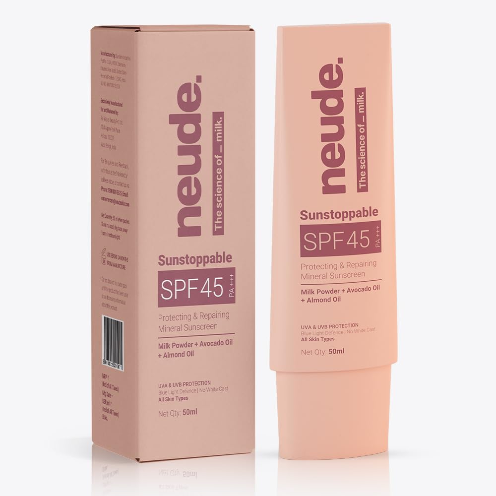 Neude SPF 45 Sunscreen 50 ml PA+++ No White Cast with Milk, Zinc Oxide and Avocado Oil, Broad-Spectrum Daily Moisturizer for Men and Women Blue Light Protection Repairing Paraben-Free