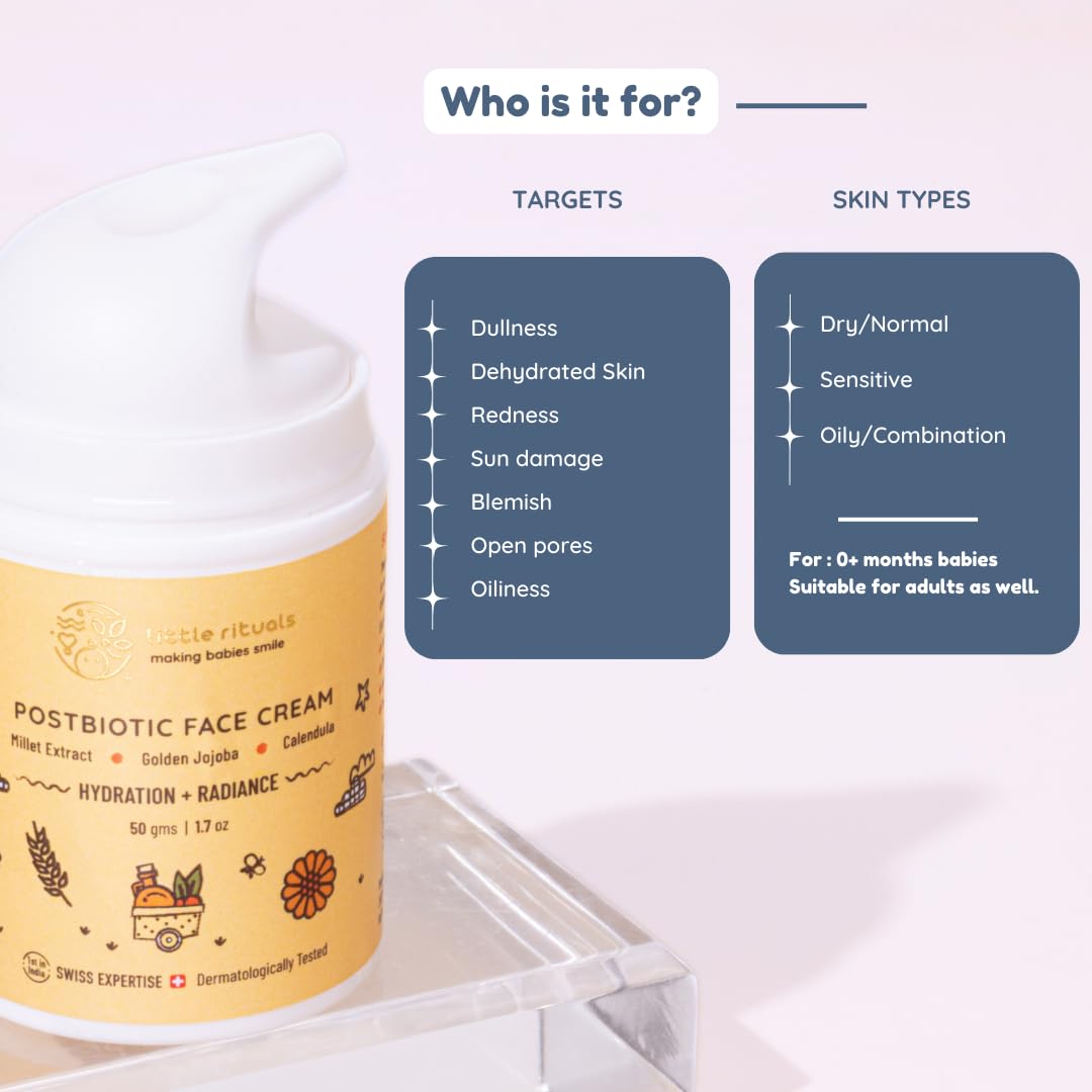 Little Rituals Baby and Kids Post-Biotic Face Cream Moisturiser - Hydration + Radiance, Formulated with Golden Millets, Jojoba, Calendula, Natural, Organic, Dermat tested, SWISS Technology (50 gram)