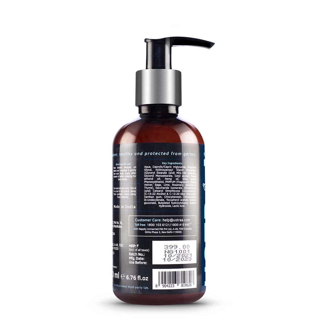 Ustraa Body Lotion Germ-Free - 200ml | Fights Dry Skin and Germs | Non-Sticky, Moisturizes & Hydrates Skin | With Hemp, Vitamin E, Aloe vera, and Neem.