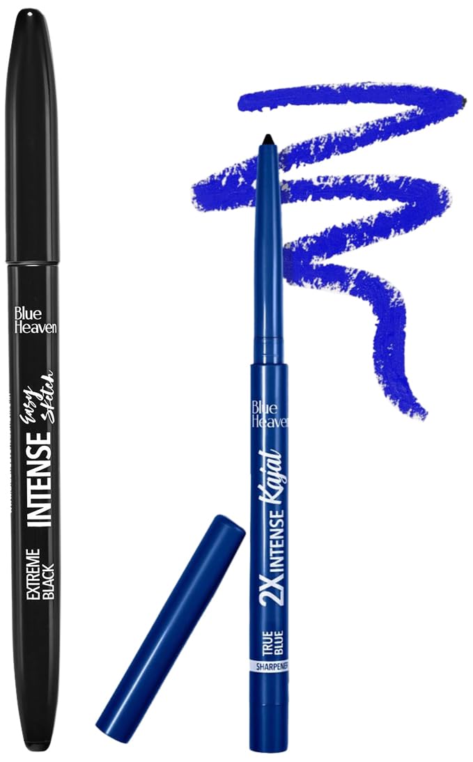Blue Heaven Intense Eyeliner Pencil Easy Sketch, Black, 1Ml & Soft Kajal Eyeliner Pencil, Blue, 0.31G (Matte Finish), Multicolor