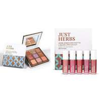 Just Herbs Eyeshadow Palette 9 in 1 Long Lasting Blendable Eye Makeup Palette (Sunshine - Day Palette) & Ayurvedic Liquid Lipstick Kit Set of 5, Brights & Pinks - Paraben & Silicon Free Combo