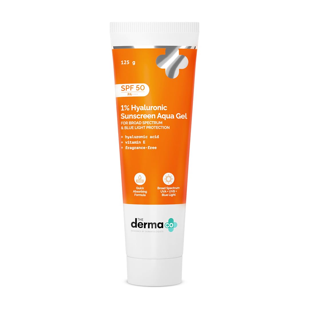 The Derma Co 1% Hyaluronic Sunscreen Aqua Gel SPF 50 PA++++ I For Oily, Dry, Acne-prone Skin | Ultra Lightweight Texture I Non-Greasy I No White Cast | Broad Spectrum Protection & Blue Light Protection | For Men & Women | 125 g