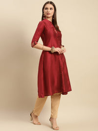 rangita Women Solid Embroidered Calf Length A Line Kurti with Sleeves Tabs