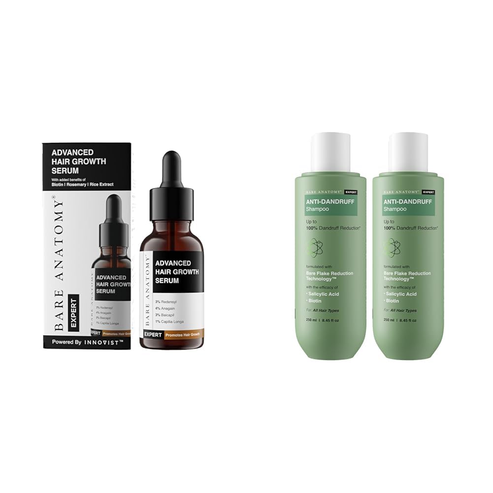 Bare Anatomy Advanced Hair Growth Serum | 3% Redensyl + 4% Anagain + 3% Baicapil + 1% Capilia Longa,for Women & Men | 30mL Anti Dandruff Shampoo All Hair Types | Women & Men | 250ml (Pack of 2)
