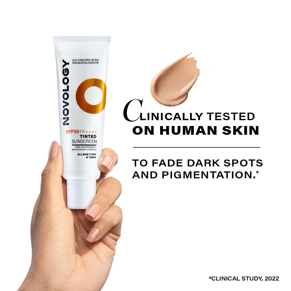 Novology SPF 50 PA++++ Tinted Sunscreen with Niacinamide for Pigmentation, Dark Spots and Acne Marks | Blends into Natural Finish | For All Skin Types | 50 g