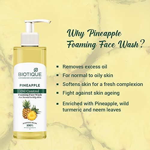 Biotique Pineapple Oil Control Foaming Face Wash | Hydrates dry skin | Eliminates Excess Oil | Evens Skin Tone | 100% Botanical Extracts | Suitable for All Skin Types | 200ml