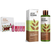 Just Herbs Ayurvedic Matte Liquid Lipstick Kit Set Of 5 With Hydrating & Lightweight Lip Colours (Brights & Pinks) & 8 In 1 Root Nourishing Amla Neem Hair Fall Control Shampoo 200 Ml