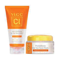 VLCC Clinic Instant De-Tan Face Wash & Mask Combo for Tan Removal | Skin Clarifying De-Tan Face Wash - 150ml with Glycolic Acid & Vitamin C + De-Tan Face Mask - 100g with Glutathione