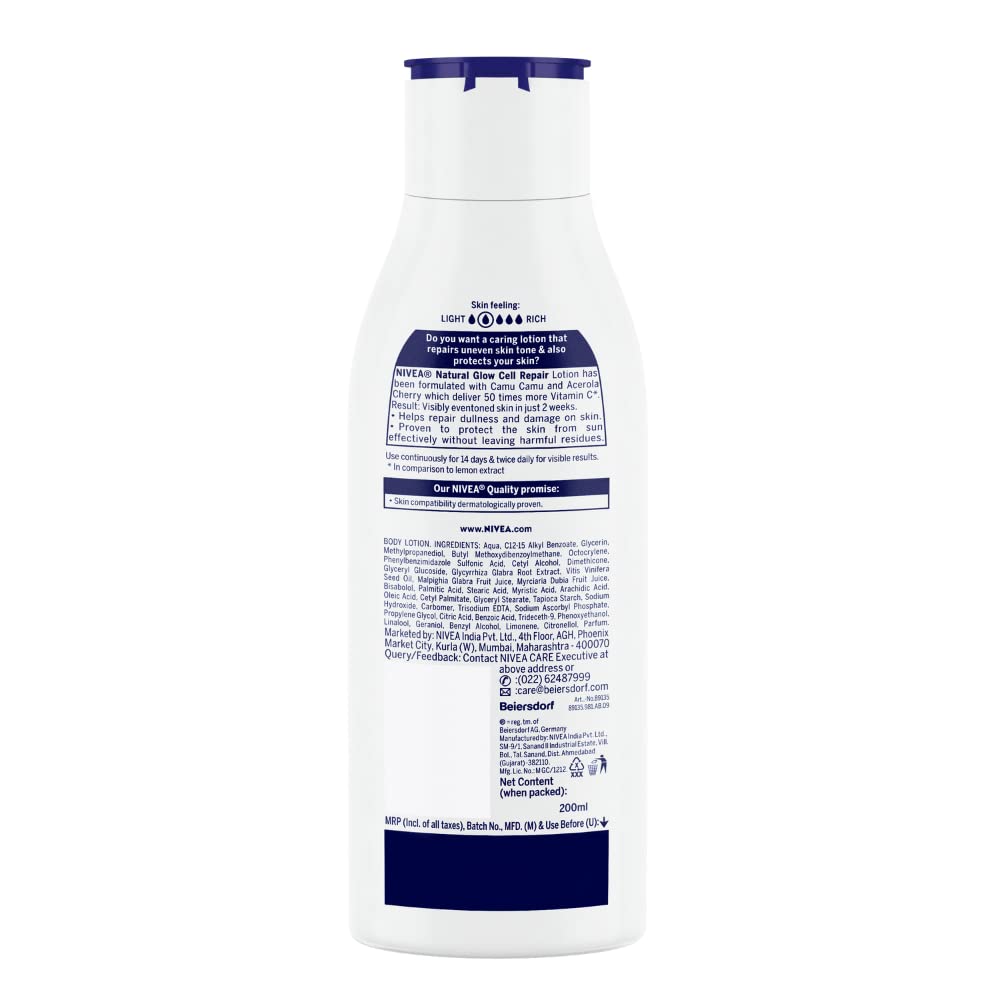 NIVEA Natural Glow Cell Repair 200ml Body Lotion | SPF 15 & 50 X Vitamin C for Summer Protection |With Camu Camu & Acerola Cherry Extracts | Gives Even Toned & Smooth Skin |For All Skin Types