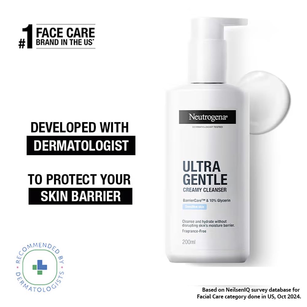 Neutrogena Ultra Gentle Creamy Cleanser | 14X Gentler Cleanser | All Skin Types Including Sensitive Skin | Face Wash for Sensitive Skin for Men & Women | With Barriercare Technology & 10% Glycerin | Paraben-Free