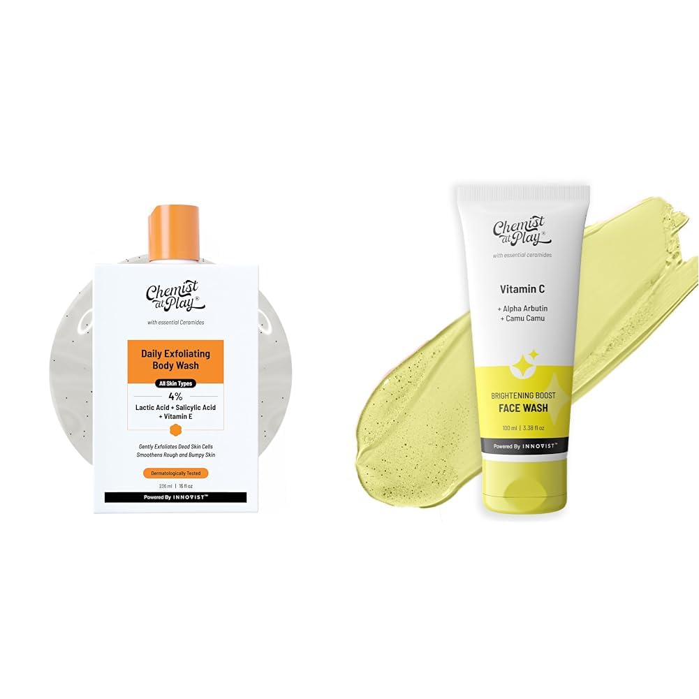 Chemist At Play 1% Salicylic Acid Exfoliating Body Wash 236ml For Men & Women + Brightening Boost Face Wash with 30x Vitamin C For Men & Women + | Vegan | SLS & Paraben Free | 100 ml