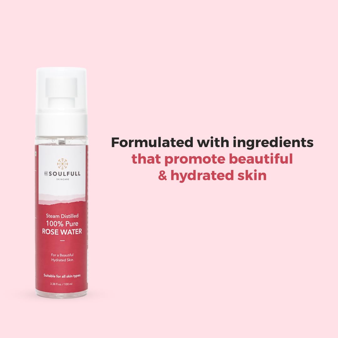 Be Soulfull Rose Elixer 100% pure Rose water Mist - 100ml/1.76 Fl Rich in antioxidants, it soothes, calms, and balances skin. Suitable for all types, it hydrates & moisturises the skin. 100ml/1.76 Fl oz