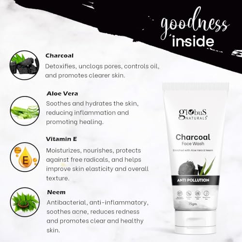 Globus Naturals Anti Pollution Charcoal Face Wash, Enriched with Tea Tree Oil, For Oily & Acne Prone Skin, 75 gm