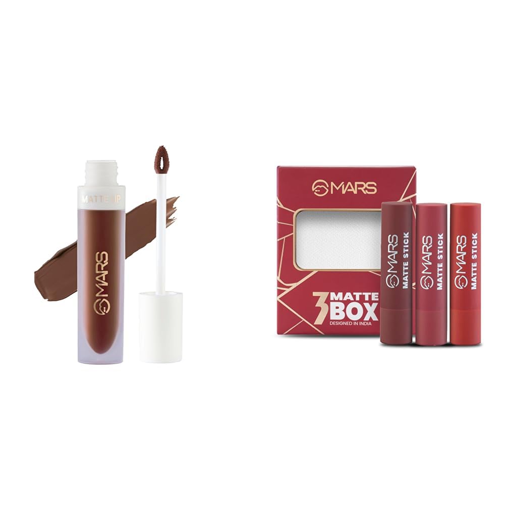 MARS Matte Liquid Lip Color | Long Lasting | Non-Transfer & Waterproof Lipstick for Women (4.5 ml) (01-Spice Brown) Matte Box Set of 3 Lipsticks for Women (3x3.2 gm) (01-Red & Maroon)