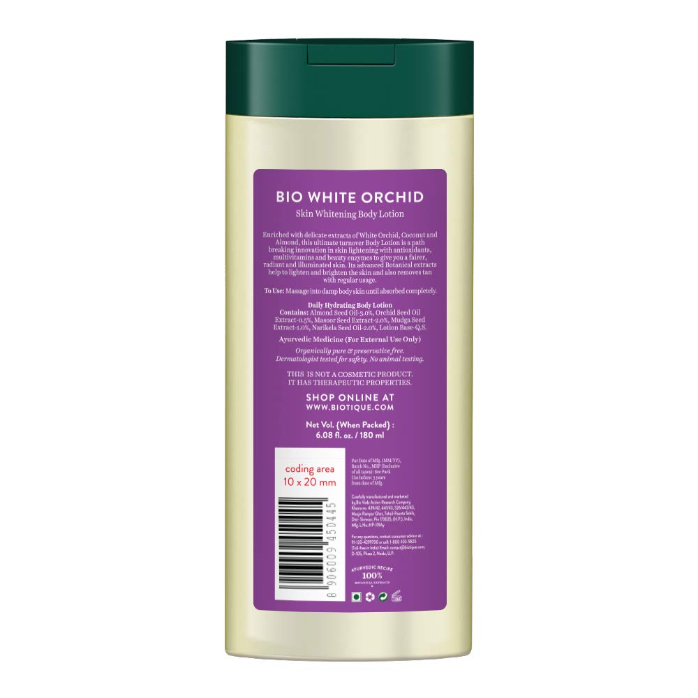 Biotique Bio Creamy Coconut Ultra-Rich Body Lotion For Extra Dry Skin, 180ml & Bio White Orchid Skin Whitening Body Lotion, 180ml