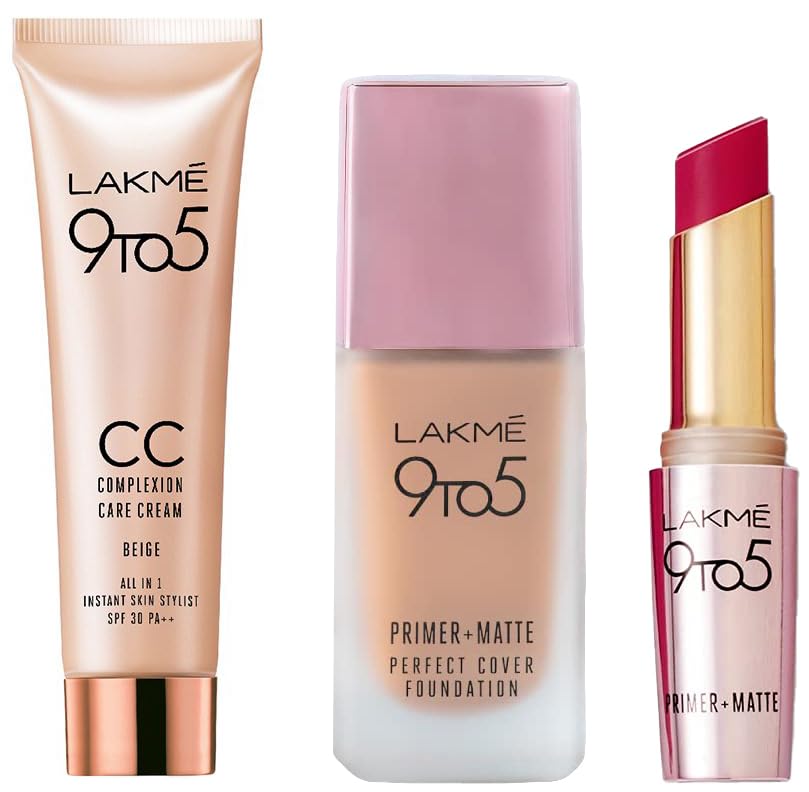 Lakmé 9 To 5 Primer + Matte Perfect Cover Liquid Full Coverage Foundation & 9 To 5 Cc Cream For All Skin Types Mini,01 - Beige,9 G & 9To5 Primer + Matte Lip Color Rose Day 3.6 G,Pack Of 1