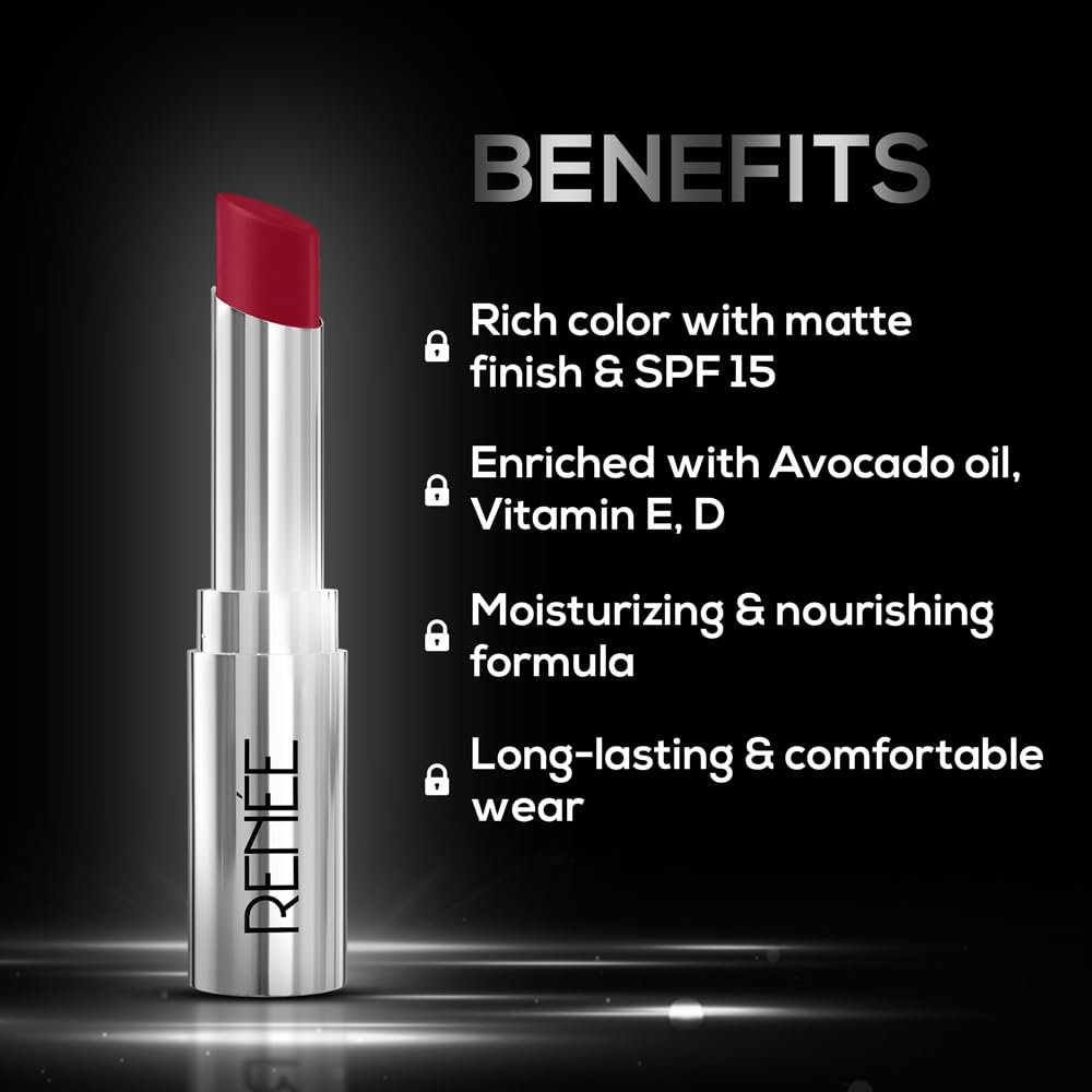 RENEE Matte Lock Lipstick - Rock, Moisturizing, Long Lasting & Weightless Formula, Intense Color Pay Off with Ultra-Matte Finish, Enriched with Avocado oil, Vitamin E, D & Beta-Carotene, 3.5 Gm