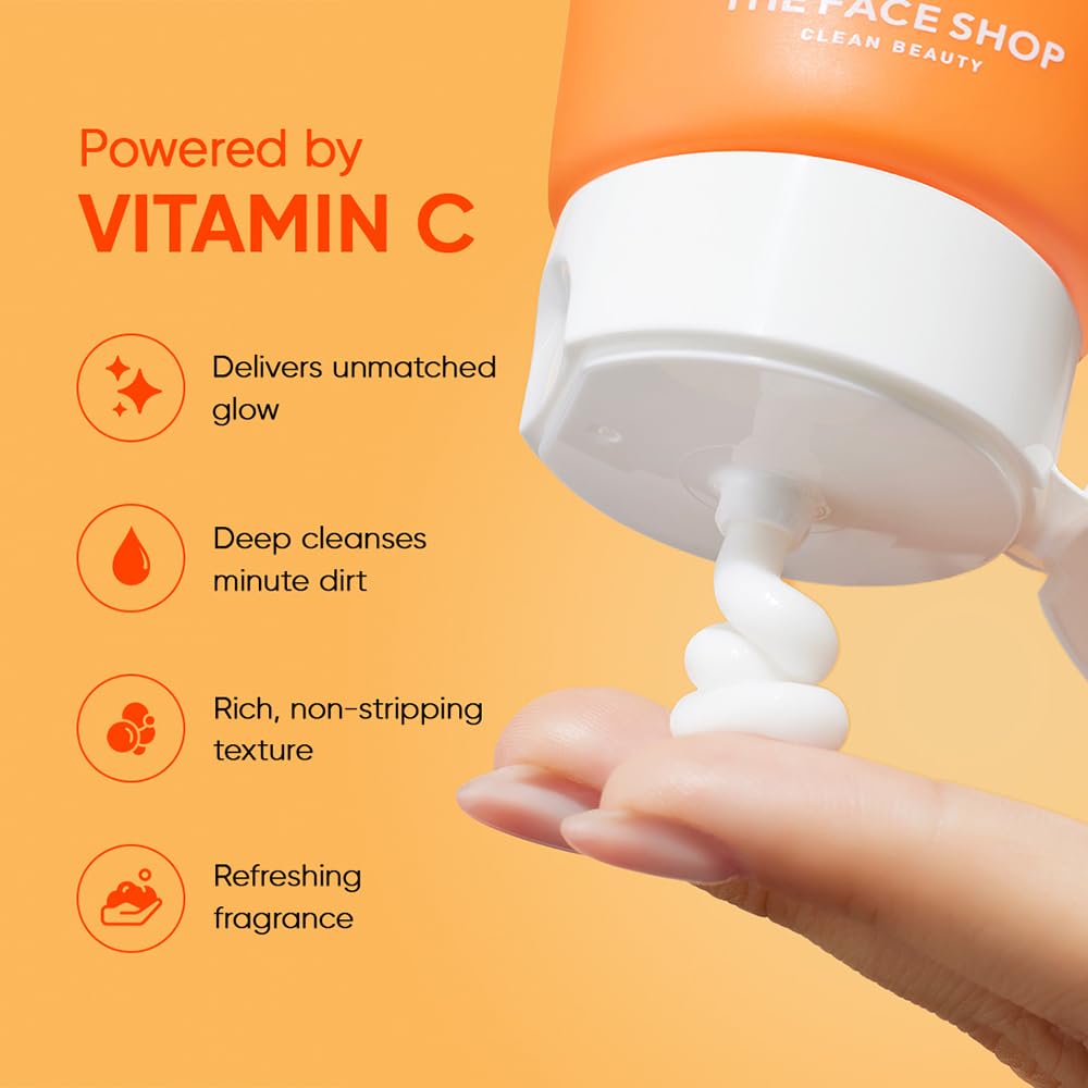 The Face Shop Vitamin C Brightening Foaming Cleanser with Niacinamide, Super Bright Face Wash For Glowing And Brightening Skin, For All Skin Types, Face Wash For Women & Men, Korean Skincare | 150ML