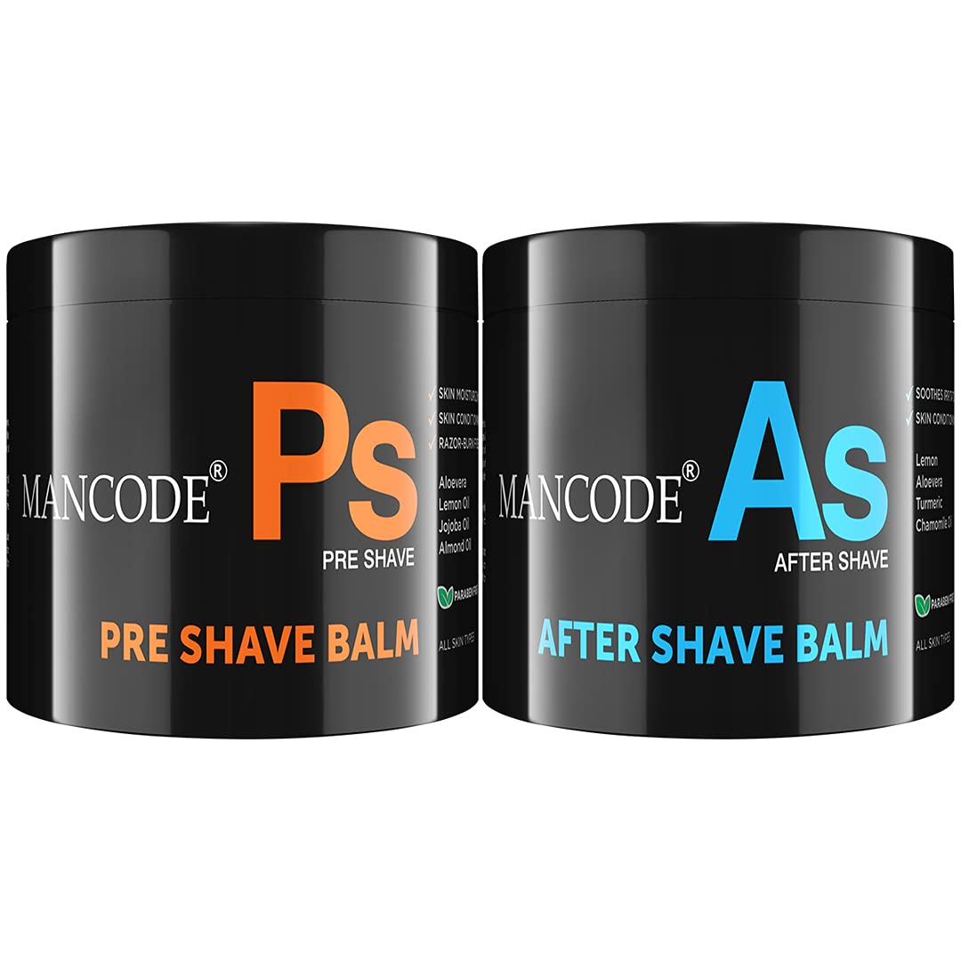 Mancode Pre - Post Shaving Kit for Men Pre Shave Balm 100 gm & After Shave Balm 100 gm Skin Moisturizing & Soothes Skin Irritation Prevents Razor Burns Helps Healing Cuts and Closes Pores Enriched with Aloevera Almond Oil Lemon Turmeric Chamomile Oil (Pac