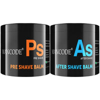 Mancode Pre - Post Shaving Kit for Men Pre Shave Balm 100 gm & After Shave Balm 100 gm Skin Moisturizing & Soothes Skin Irritation Prevents Razor Burns Helps Healing Cuts and Closes Pores Enriched with Aloevera Almond Oil Lemon Turmeric Chamomile Oil (Pac