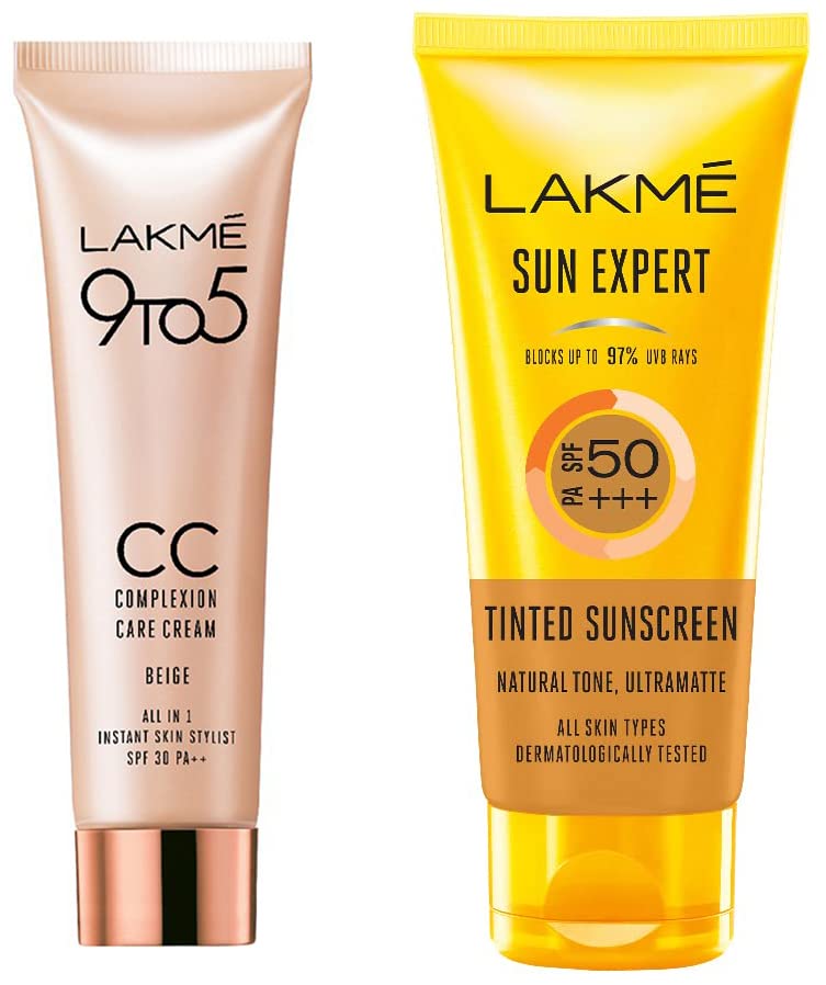 Lakmé 50 Spf Sun Expert Tinted Sunscreen For Combination Skin Type Cream (50 G) & 9 To 5 Cc Cream Mini, 01 - Beige, Spf 30 - Tinted Moisturizer To Brighten Skin, Conceal Dark Spots, 9 G Pack of 2