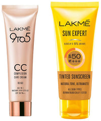 Lakmé 50 Spf Sun Expert Tinted Sunscreen For Combination Skin Type Cream (50 G) & 9 To 5 Cc Cream Mini, 01 - Beige, Spf 30 - Tinted Moisturizer To Brighten Skin, Conceal Dark Spots, 9 G Pack of 2