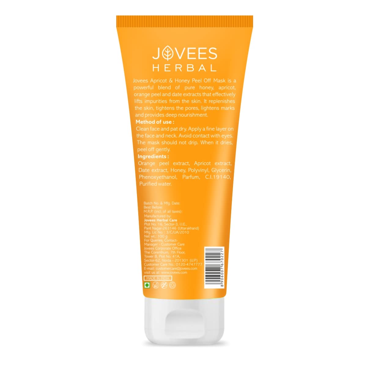 Jovees Herbal Apricot & Honey Peel Off Mask 100 GM | For Pore Tightening and Skin Nourishment | All Skin Types | Paraben & Alcohol Free