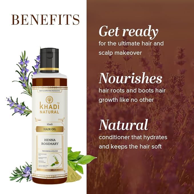Khadi Natural Rosemary & Henna Hair Oil, Natural Oil For Thick & Voluminous Hair Oil For Controlling Hair Fall & Premature Greying, Paraben & Mineral Oil Free, Suitable For All Hair Types, 210ml (Pack 2, Rosemary & Henna)