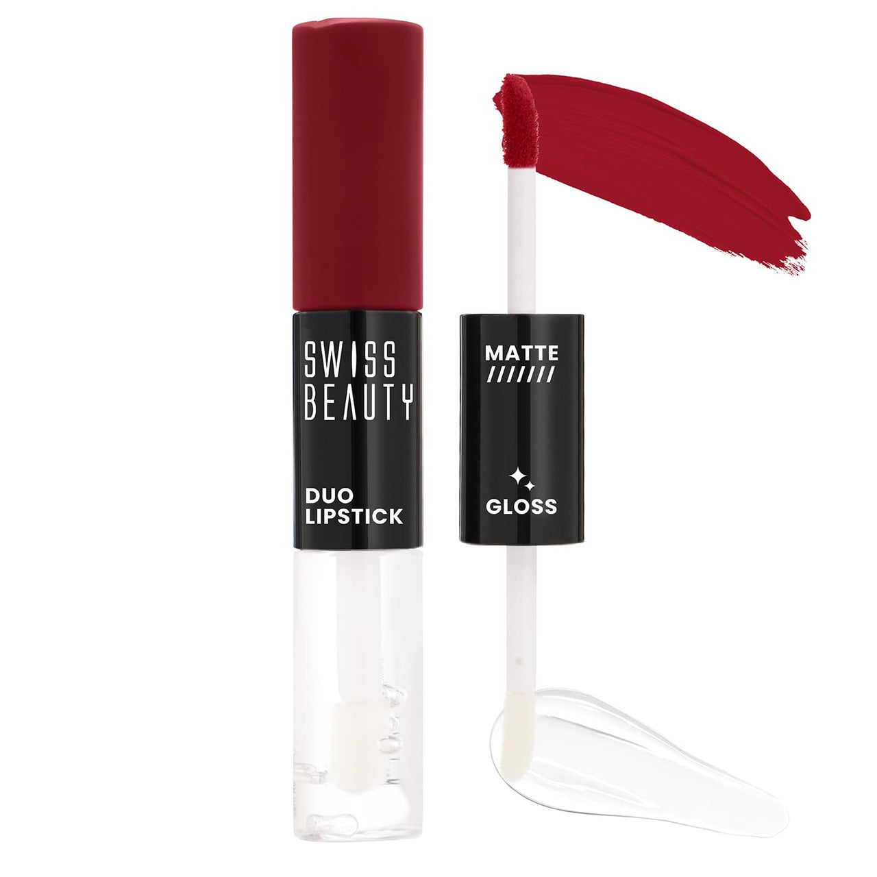 Swiss Beauty Duo Lipstick | Matte smudge-proof Liqud Lipstick + Transparent glossy Lipgloss | Transfer -proof and Long lasting | Shade-Saucy Red, 10ml