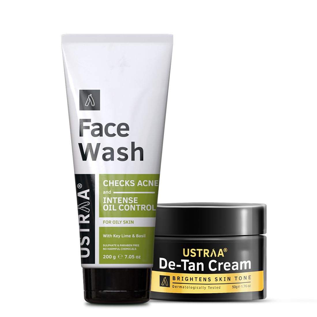 Ustraa Face Wash - Oily Skin - 200g | With Basil & Key Lime - For Acne-Prone Skin | Checks Acne & Blackheads & De-Tan Cream For Men- 50g | for Effective Tan Removal & Even Skin Tone | Without Bleach