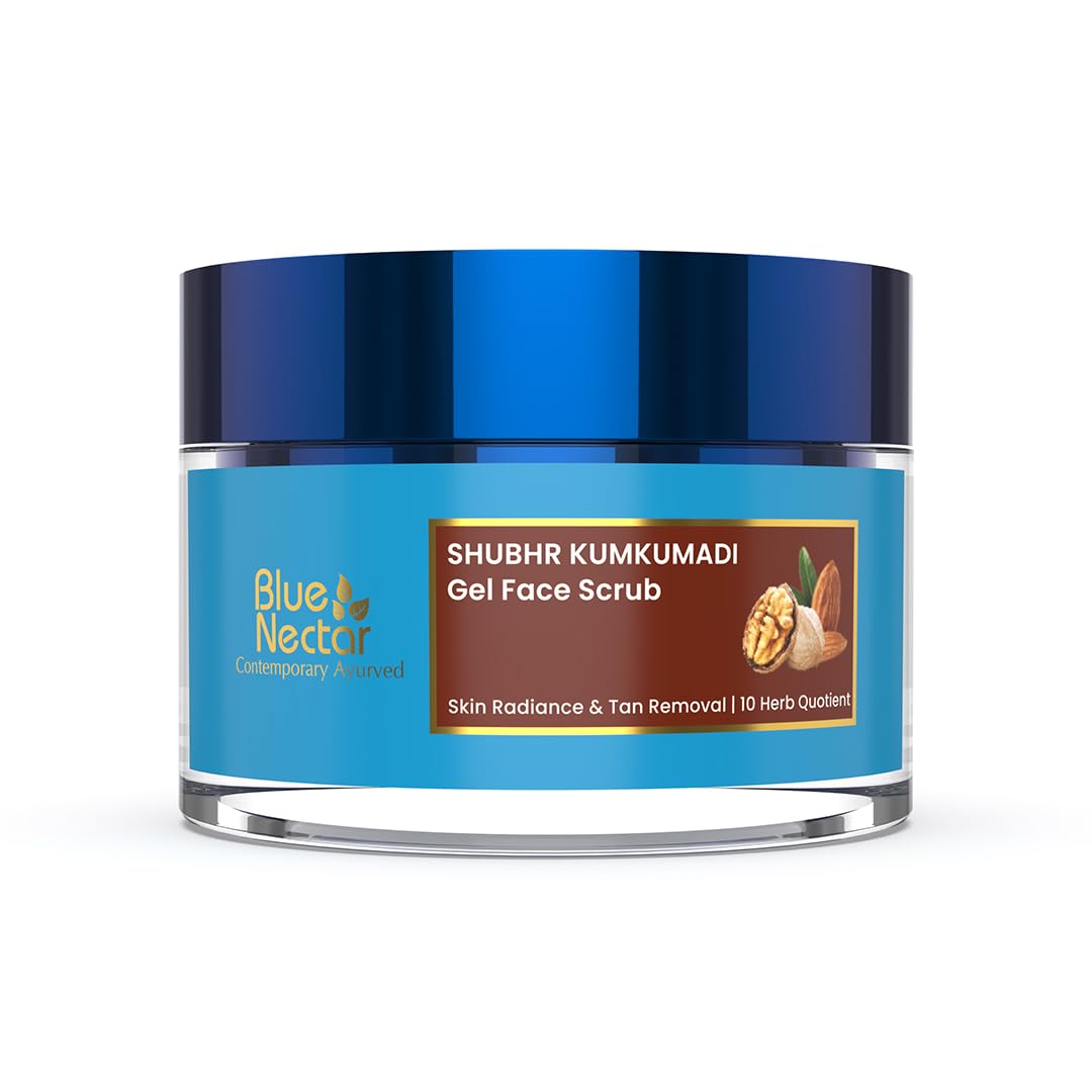 Blue Nectar Gel Face Scrub With Plant Based Vitamin E | Walnut Scrub for Face for Gentle Exfoliation & Skin Brightening | Detan Scrub for Tan Removal | Exfoliating Scrub for Women & Men (10 Herbs, 50g)