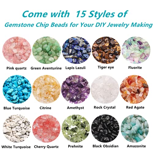 GangGangHao 1888 Pcs Natural Chip Stone Beads About 500g Irregular Gemstones Healing Crystal Loose Rocks Bead Hole Drilled DIY for Bracelet Jewelry Making Crafting (5-8mm, 15 Color Mix-S1) 15 Color-S1