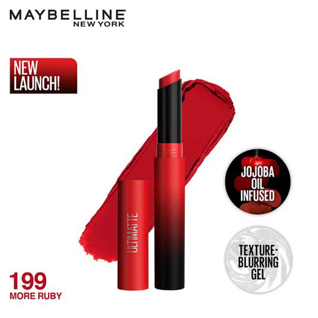 Maybelline New York Lipstick, Matte Finish, Bold Colour, Enriched With Jojoba Oil, Color Sensational Ultimattes, 199 More Ruby, 1.7g