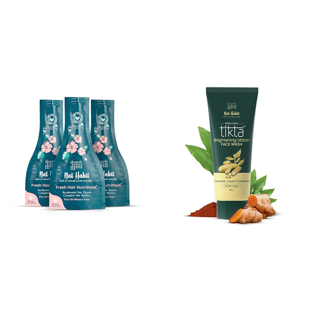 Nat Habit Five Oil Hibiscus Nutrimask-Hair Mask For All Hair & Scalp Types (Pack Of 3 X 40 Grams) And Ubtan Face Wash, Fresh Daily Tikta For Unisex 100G