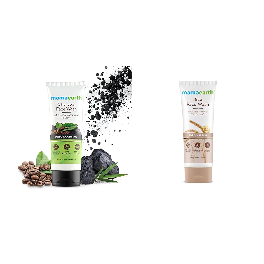 Mamaearth Charcoal Face Wash with Activated Charcoal & Coffee for Oil Control (100ml),Mamaearth Rice Face Wash With Rice Water & Niacinamide for Glass Skin | For Hydrated & Even Skin To