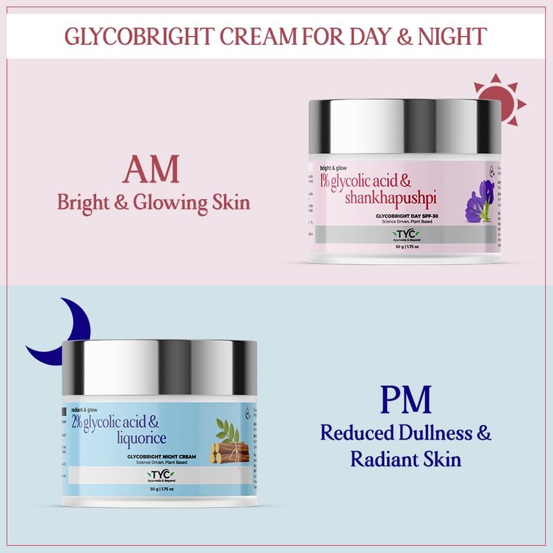 TYC - TRUST YOUR CHOICE Ayurveda Glycobright Day SPF-30 Face Cream For Bright And Glowing Skin With 1% Glycolic And Shankhapushpi, Plant Based - 50 gm (Pack of 1)
