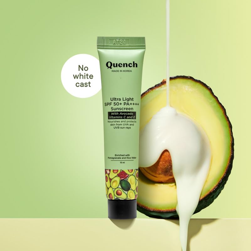 Quench Vitamin E Ultra Light SPF 50+ PA++++ Sunscreen for Glowing Skin | Non-Greasy and Non-Sticky | No White Cast | UVA & UVB Protection | Made in Korea | For Women & Men (MINI - 15ml)