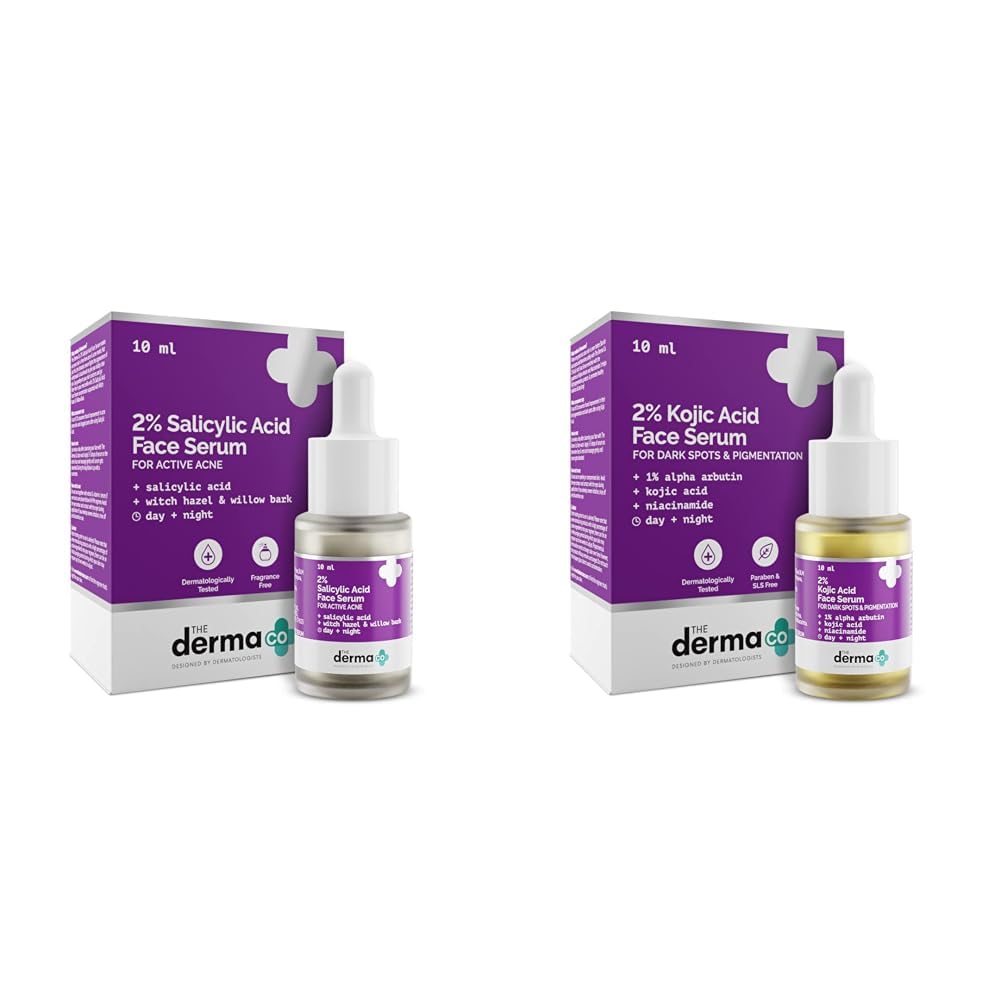 The Derma Co 2% Salicylic Acid Serum with Witch Hazel & Willow Bark for Active Acne - 10ml & The Derma Co 2% Kojic Acid Face Serum - 10 ml