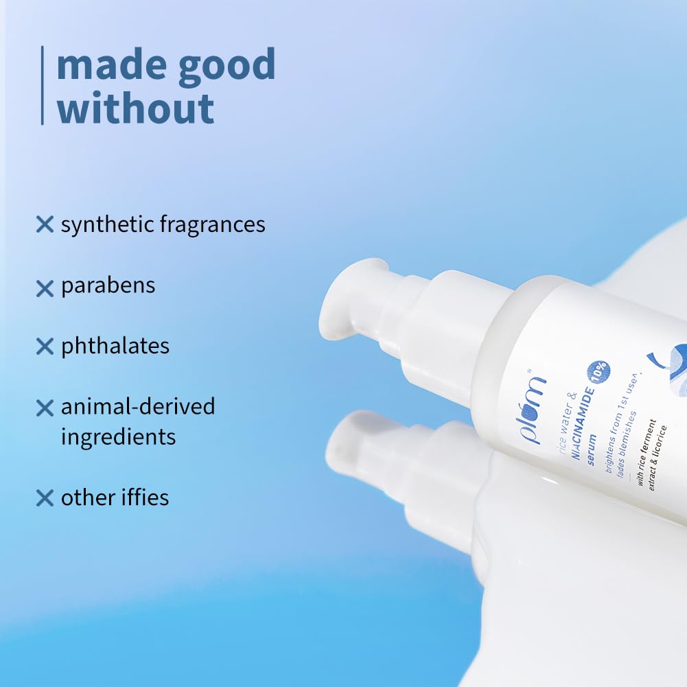 Plum 10% Niacinamide Face Serum For Clear, Bright Skin | Fades Blemishes & Acne Marks| With Rice Water | Lightweight & Quick-absorbing| Dermatologically Tested | All Skin Types | Women & Men | Fragrance-Free | 100% Vegan | 50ml