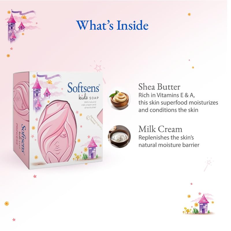 Softsens Kids Princess Grade 1 Soap| Infused Shea Butter & Milk Cream |Dermatologist Tested| Shape Soap (Pack of 5,75g each)