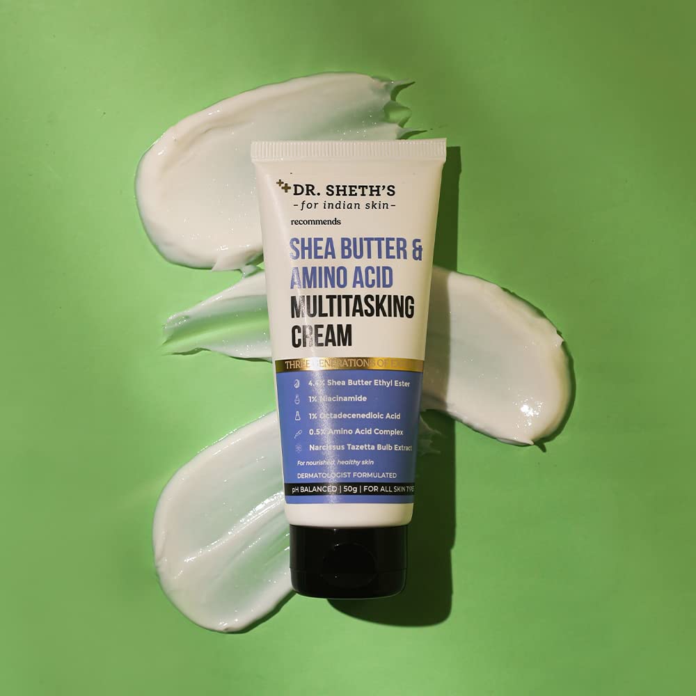 Dr. Sheth's 4.4% Shea Butter & 0.5% Amino Acid Multitasking Face Cream (Vegan) with 1% Niacinamide, 1% Octadecenoic Acid and Narcissus Extract, for Dryness, Damaged Skin, For All Skin Types, 50g