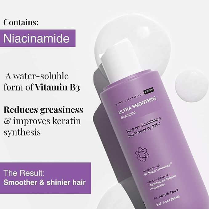 Bare Anatomy Ultra Smoothing Shampoo for Dry & Frizzy Hair|Restores Smoothing & Texture|Sulphate & Paraben Free|Powered By Carbohydrate Complex & Niacinamide|Vegan|For Men & Women|250ml (Pack of 2)